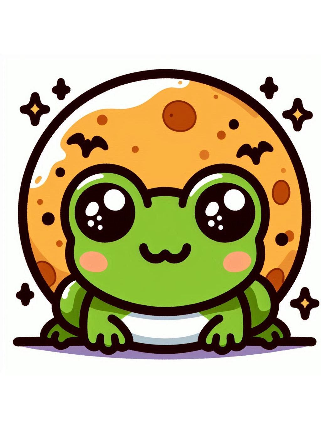halloween frog drawing ideas show a cheerful frog in front of a large, moon-like pumpkin with stars and bats